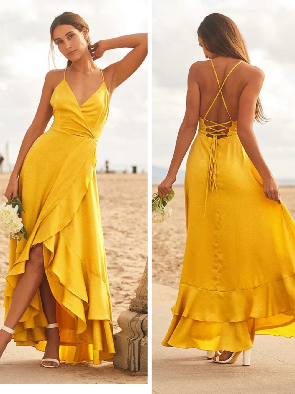 Lulus In Love Forever Mustard Yellow Satin Lace-Up High-Low Maxi Dress Size XS